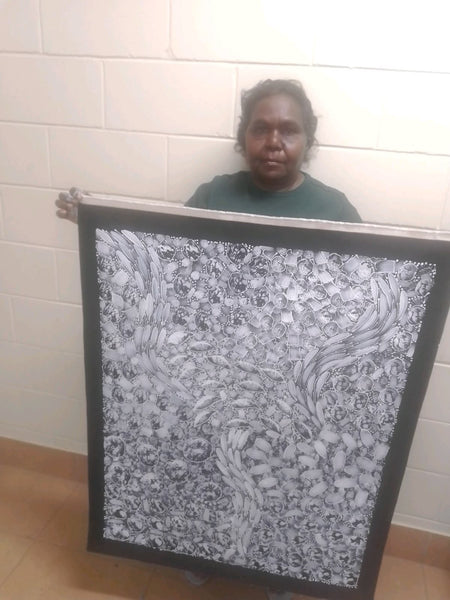 #108 Bush Yam Dreaming (White)- RACHAEL NAMBULA: Aboriginal Art 94x73cm