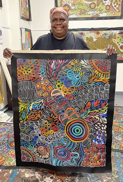 #383 My Dreamtime Stories (Multi)- LOUISE NUMINA : Aboriginal Art: 78x96cm