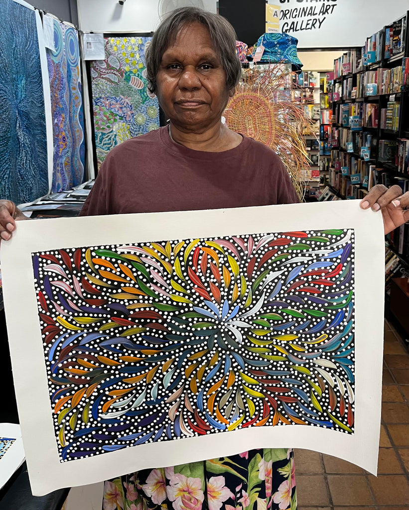 #382 Bush Medicine Leaves & Seeds (Multi) - CAROLINE NUMINA Aboriginal Art:  51cm x 36cm