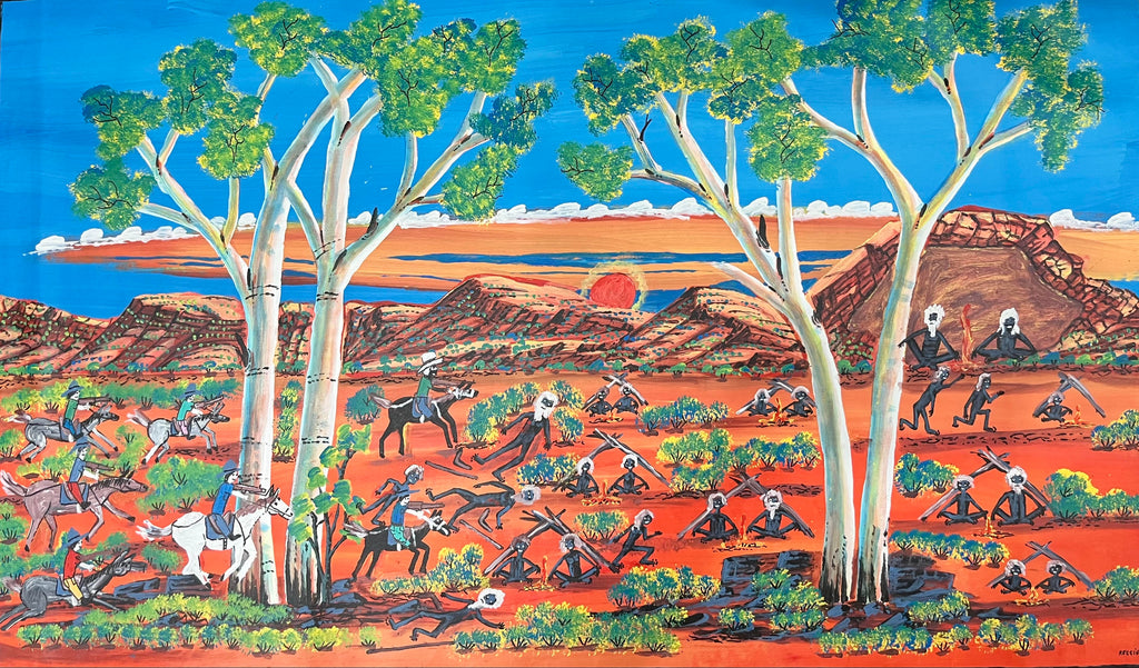 #376 Coniston Massacre (True Story) - REGGIE SULTAN APENGARTE Aboriginal Artist:  146cm x 86cm