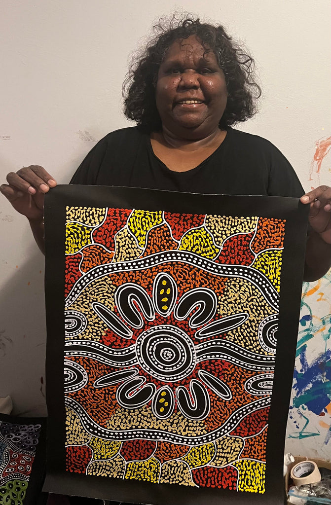 #310 Women collecting Bush Tucker (Sunset) - SHARON NUMINA Aboriginal Art: 39cm x 53cm