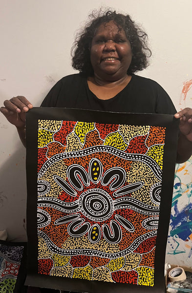 #310 Women collecting Bush Tucker (Sunset) - SHARON NUMINA Aboriginal Art: 39cm x 53cm