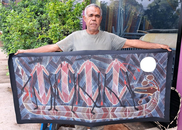 #345 Mimi Spirits & Rainbow Serpent - EDDIE BLITNER Aboriginal Art:  70cm x 155cm