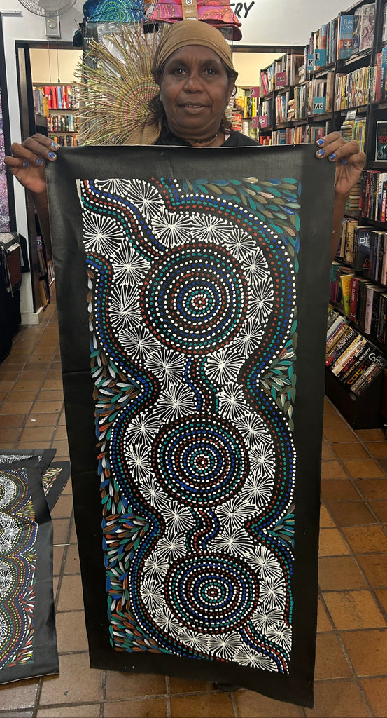 #243 Waterholes & Bush Medicine Leaves (Blues) - SELINA NUMINA Aboriginal Art:  43cm x 112cm