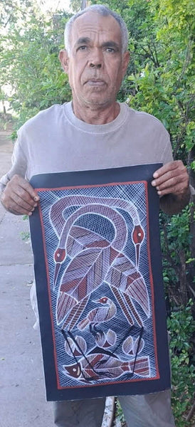 #215 Brolga at the Billabong - EDDIE BLITNER Aboriginal Art:  37cm x 63cm