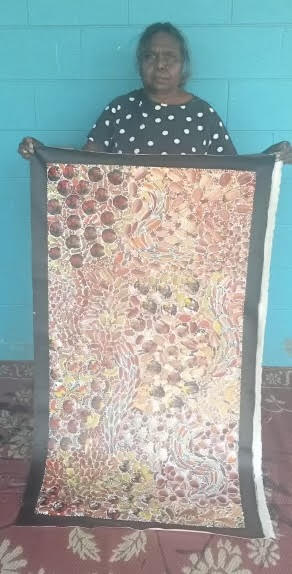 #122 Bush Yam Dreaming (Sunset) - RACHAEL NAMBULA: Aboriginal Art: 70cm x 133cm