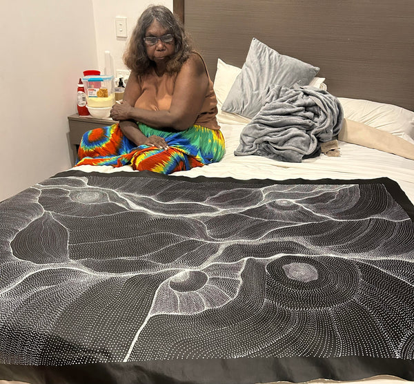 #81 My Country Dreaming (Black/White) ANNA PETYARRE: Aboriginal Art: 92cm x 143cm