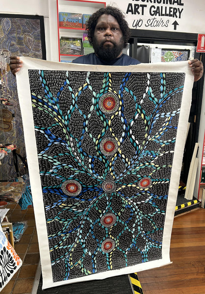 #114 Waterholes & Bush Medicine Leaves (Blues)  - Scott Duggie Aboriginal Art: 146 x 87cm