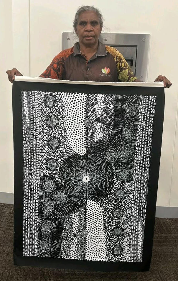 #73 Water Dreaming - Ngapa (Monochrome) JANET LONG NAKAMARRA: Aboriginal Art: 70cm x 100cm