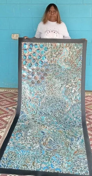 #324 Bush Yam Dreaming (Kookaburra) - RACHAEL NAMBULA: Aboriginal Art: 87cm x 200cm