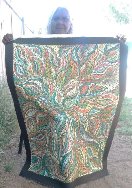#111 Bush Medicine Leaves (Multi) ARTIST:  ROSEMARY PETYARRE (PITJARA) 71cm x 92cm