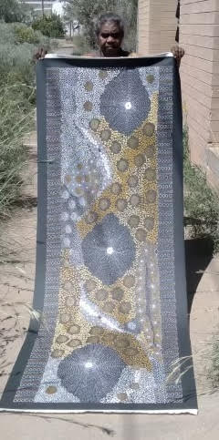 #194 Water Dreaming Ngapa (Earth) JANET LONG NAKAMARRA: Aboriginal Art: 72cm x 200cm