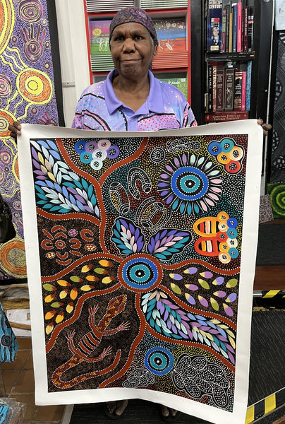 #184 Collecting Bush Food & Goanna - JACINTA NUMINA : Aboriginal Art: 71cm x 98cm