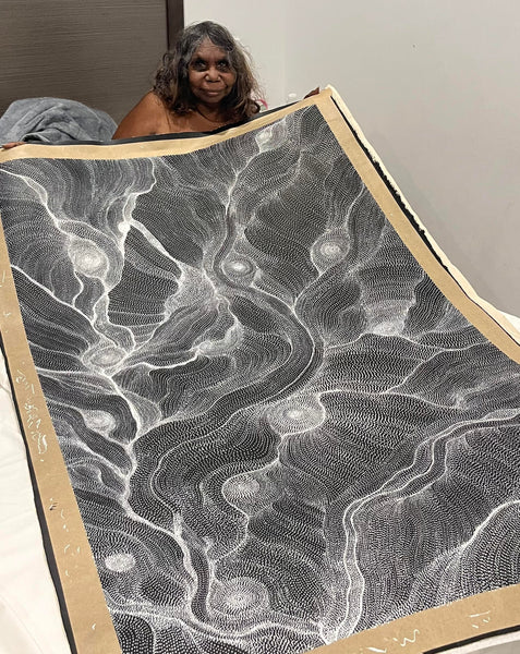 #248 My Country Dreaming (Black/White) ANNA PETYARRE: Aboriginal Art: 95cm x 153cm