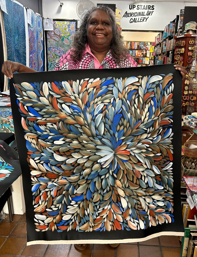 #132 Bush Medicine Leaves (Blue/Earth)- LOUISE NUMINA Aboriginal Art:  92cm x 97cm