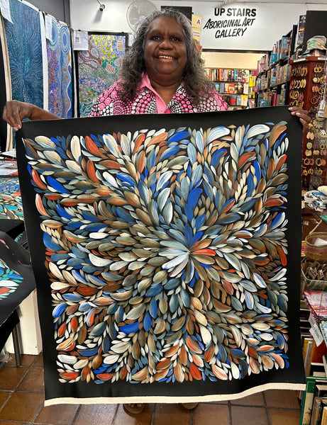 #132 Bush Medicine Leaves (Blue/Earth)- LOUISE NUMINA Aboriginal Art:  92cm x 97cm