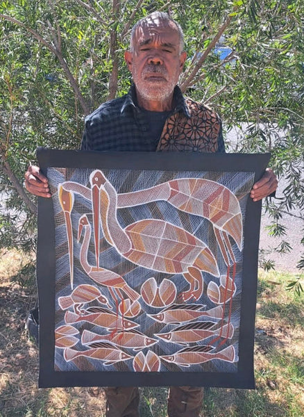 #393 Brolga at the Billabong - EDDIE BLITNER Aboriginal Art: 63cm x 71cm