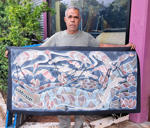#390 Crocodile at the Billabong - EDDIE BLITNER Aboriginal Art:  150cm x 70cm