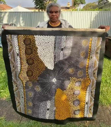 #254 Water Dreaming Ngapa (Earth) JANET LONG NAKAMARRA Aboriginal Art: 88cm x 93cm