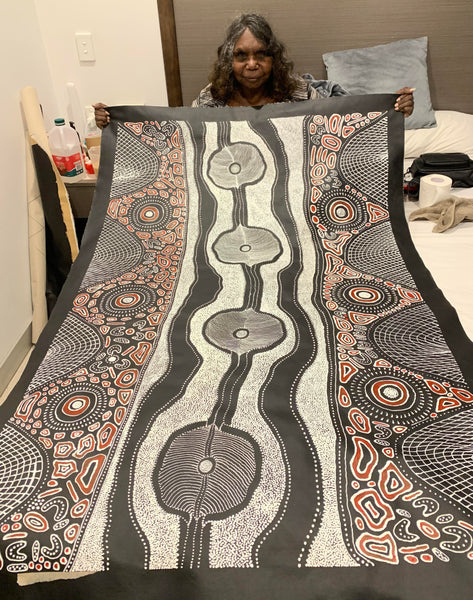 #118 My Country Dreaming (Black/White/Red) ANNA PETYARRE: Aboriginal Art: 95cm x 145cm