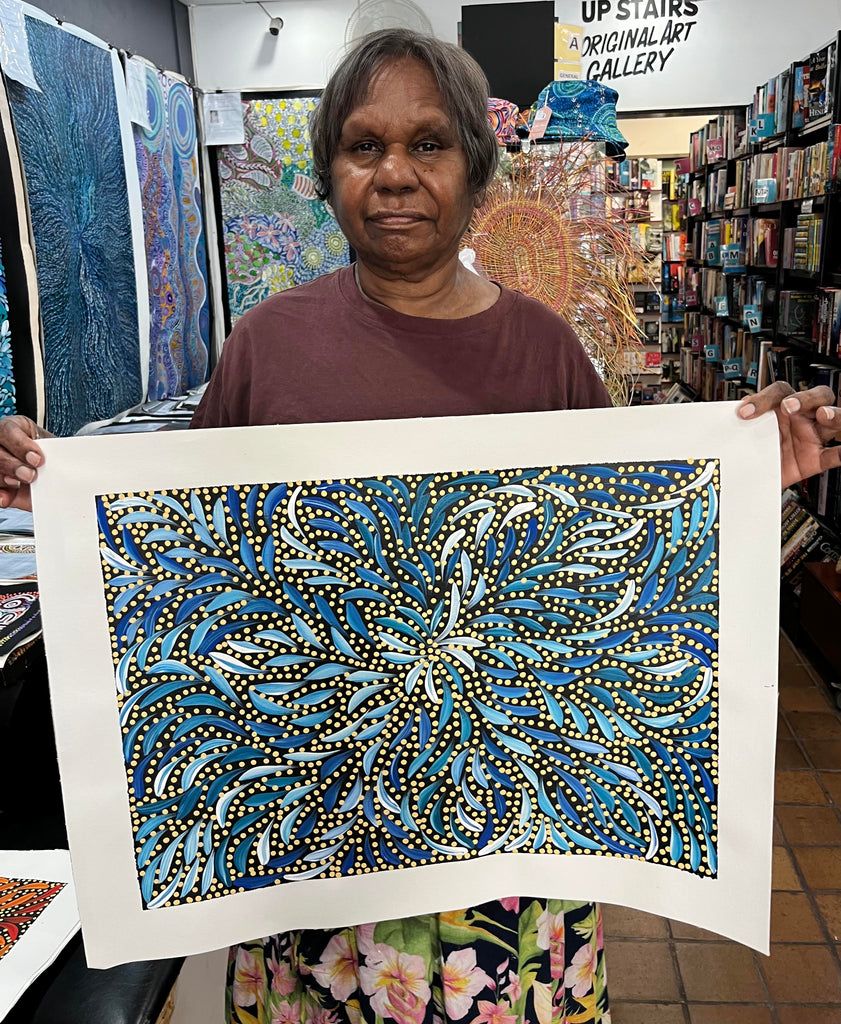 #324 Bush Medicine Leaves & Seeds (Blues) - CAROLINE NUMINA Aboriginal Art:  51cm x 36cm