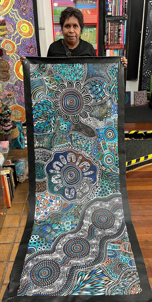 #369 Women collecting Bush Medicine (Kookaburra) - SELINA NUMINA : Aboriginal Art 75 x 200cm