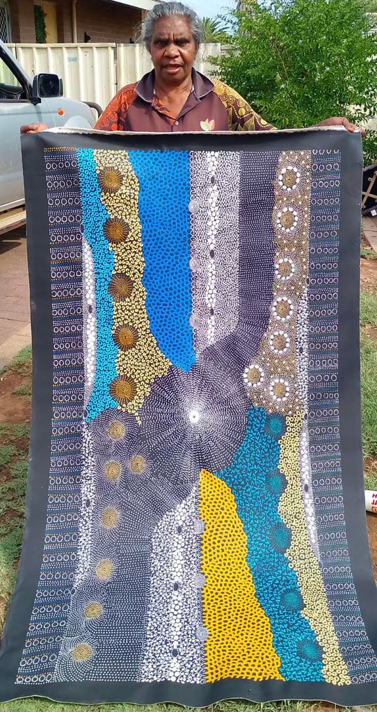 #165 Water Dreaming Ngapa (Blue/Earth) JANET LONG NAKAMARRA Aboriginal Art: 87cm x 160cm