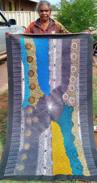 #165 Water Dreaming Ngapa (Blue/Earth) JANET LONG NAKAMARRA Aboriginal Art: 87cm x 160cm