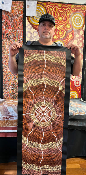 #247 Waterhole & Soakage (Earth) - BEVAN CLANCY TJAMPITJIMPA Aboriginal Art: 120cm x 39cm