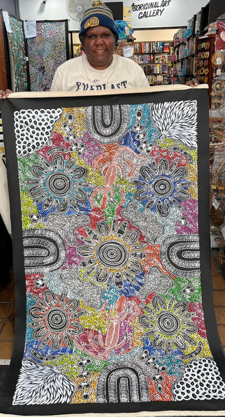 #39 Women collecting Bush Tucker (multi) - SHARON NUMINA Aboriginal Art: 90cm x 152cm