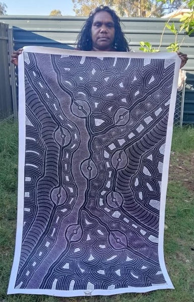 #172 My Country (Black/White) ARTIST: DELVINE PETYARRE 92cm x 152cm