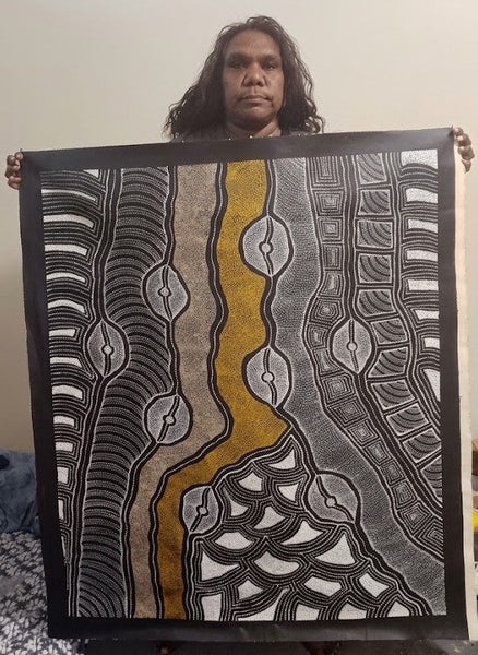 #362 My Country Dreaming (Neutrals) Aboriginal Art: DELVINE  PETYARRE:  96 x 112cm