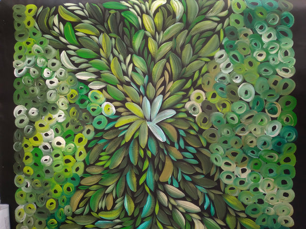#44 Bush Medicine Leaves & Bush Melon (Green) - LOUISE NUMINA : Aboriginal Art: 88x94cm