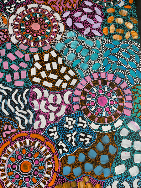 #159 Bush Flower Dreaming (Multi)- RACHAEL NAMBULA: Aboriginal Art 82x165cm