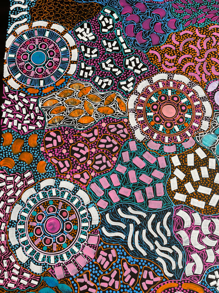 #159 Bush Flower Dreaming (Multi)- RACHAEL NAMBULA: Aboriginal Art 82x165cm